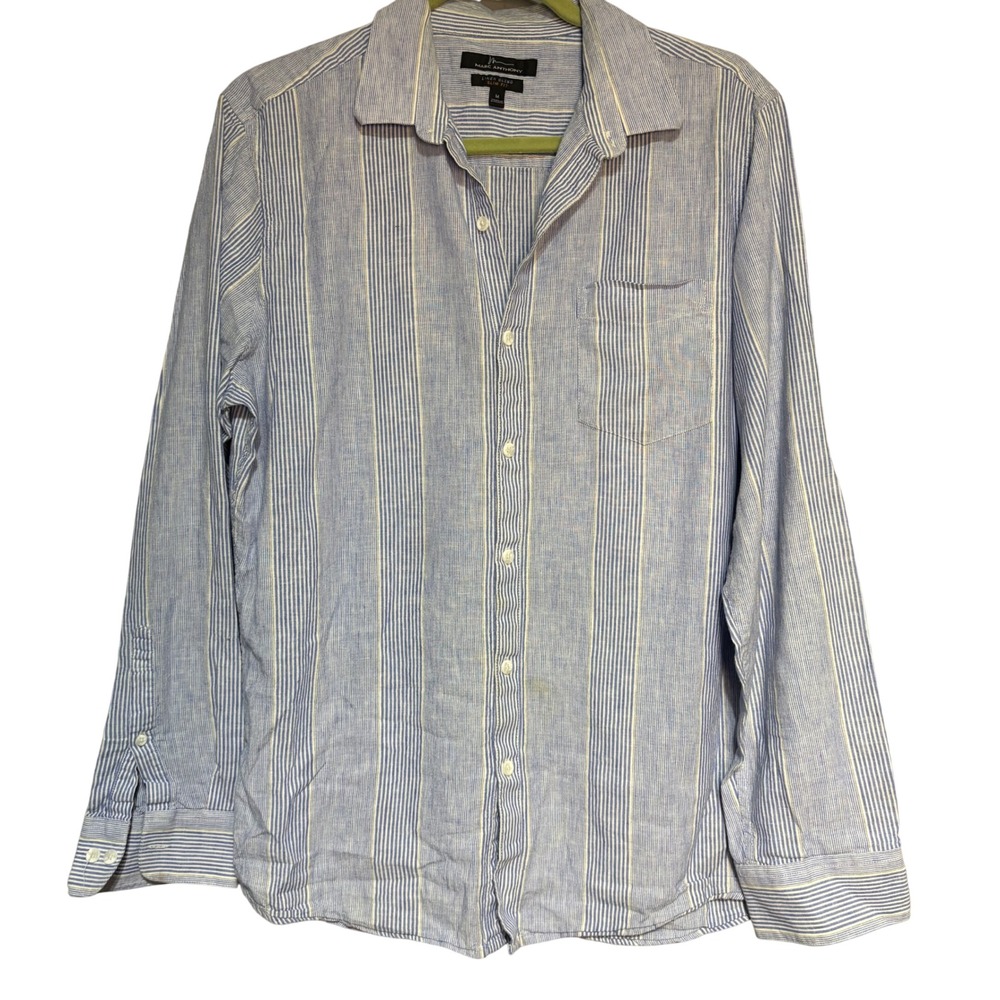 Marc Anthony Mens Blue White Striped Linen Blend Slim Fit Button Up Shirt M